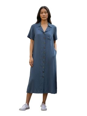 karin stevens Navy Button-Front Short-Sleeve Midi Dress